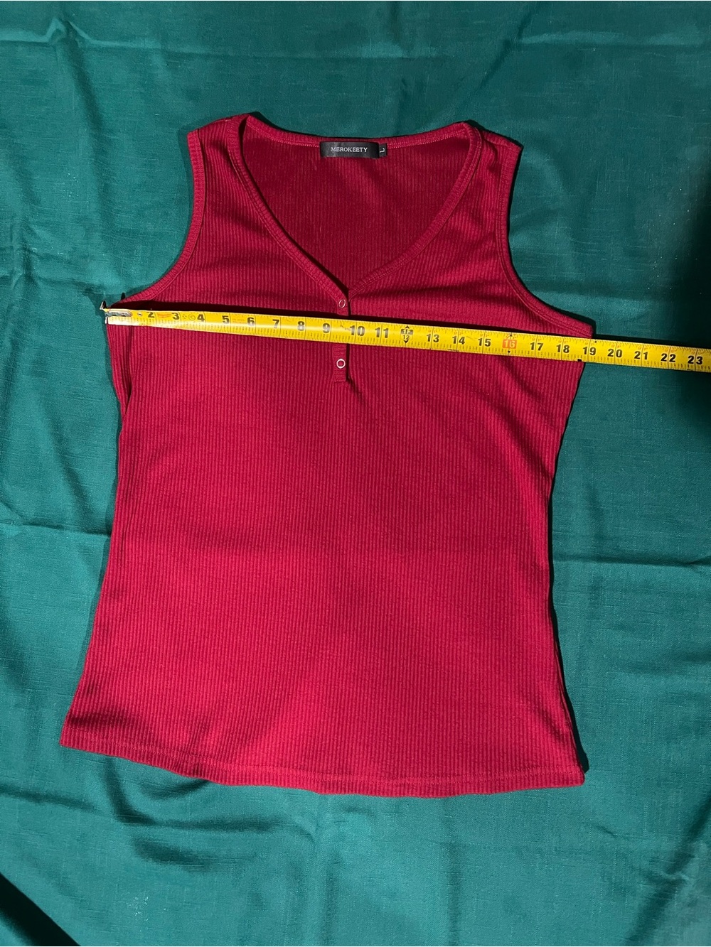 Women's Red Ribbed V-Neck Tank with Button Trim